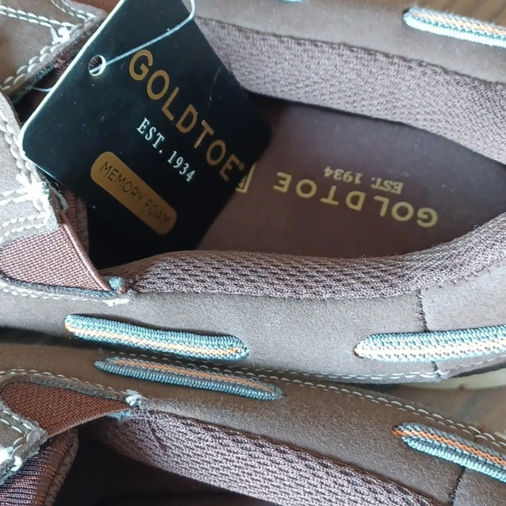 NWT Mens Memory Foam Boat Shoes, Brown, Orange&blue Trim, Sz 10E